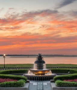 The beautiful view with fountain near lakeside in South Carolina.