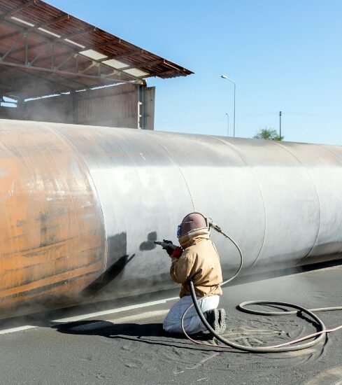 A worker performs industrial painting on a pipe in Tennessee.