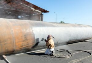 A professional painting a large industrial pipe in Danville, VA
