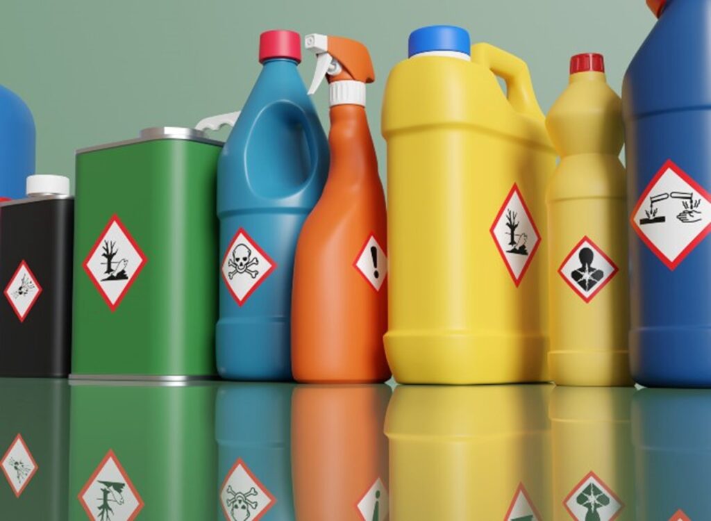 Plastic bottles and metallic tins having with different hazardous warning labels