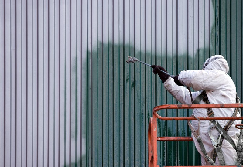 A professional is painting the building in Danville, VA.